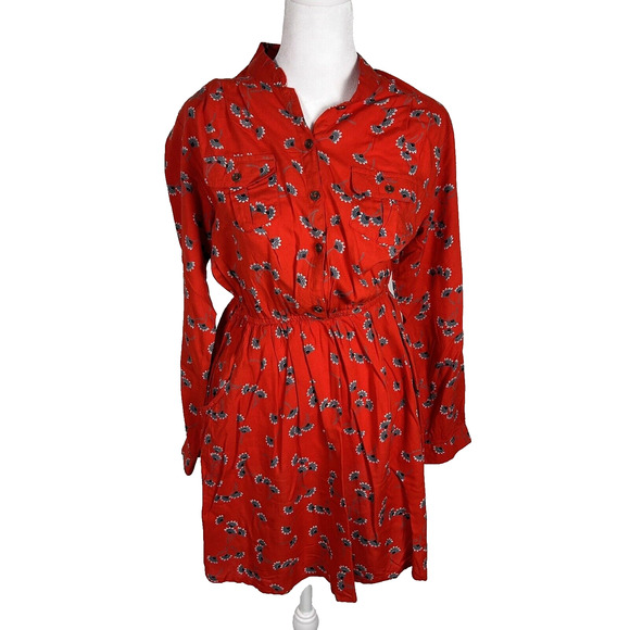 Angie Dress Long Sleeve Floral Red Collared Medium Boho Pockets Casual Mini - Picture 1 of 5